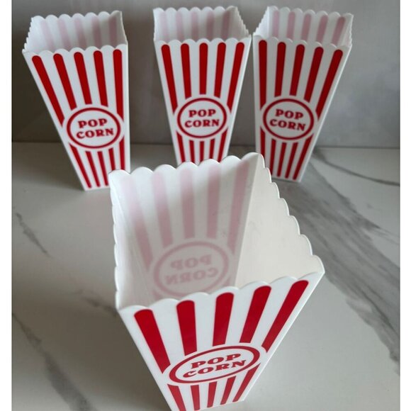 Generic 4 Piece Reusable Plastic Popcorn Cups Red White Stripe Size Large - Picture 1 of 4